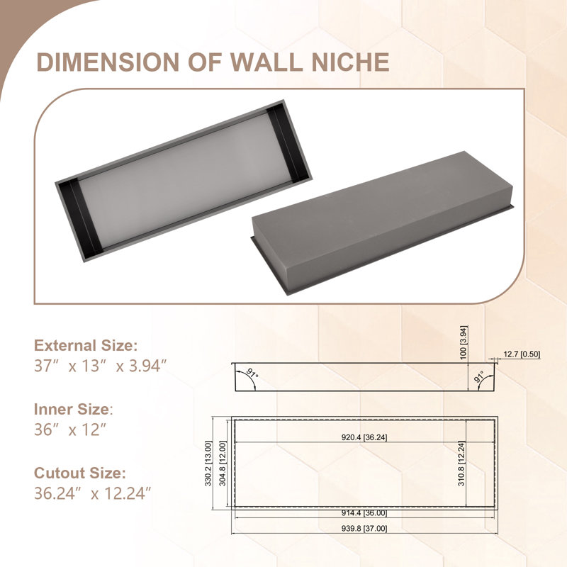 Niche de douche encastrable 36 po x 12 po, Noir