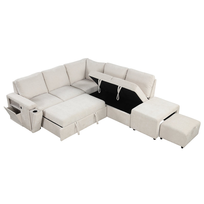 Canapé-lit escamotable en L avec rangement, Polyester beige