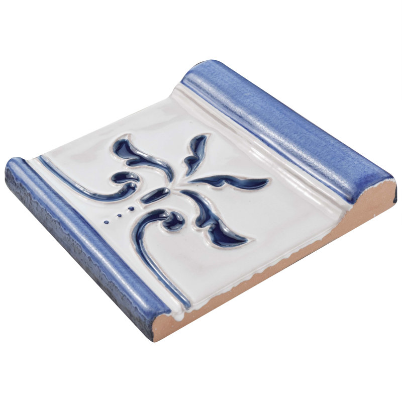 Carreau de céramique à bullnose Novecento Friso Evoli 5 po x 5 po, Blanc / bleu