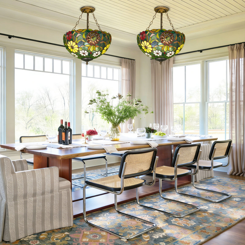 3 Light Tiffany Vintage Style Stained Glass Floral Pendant Chandelier