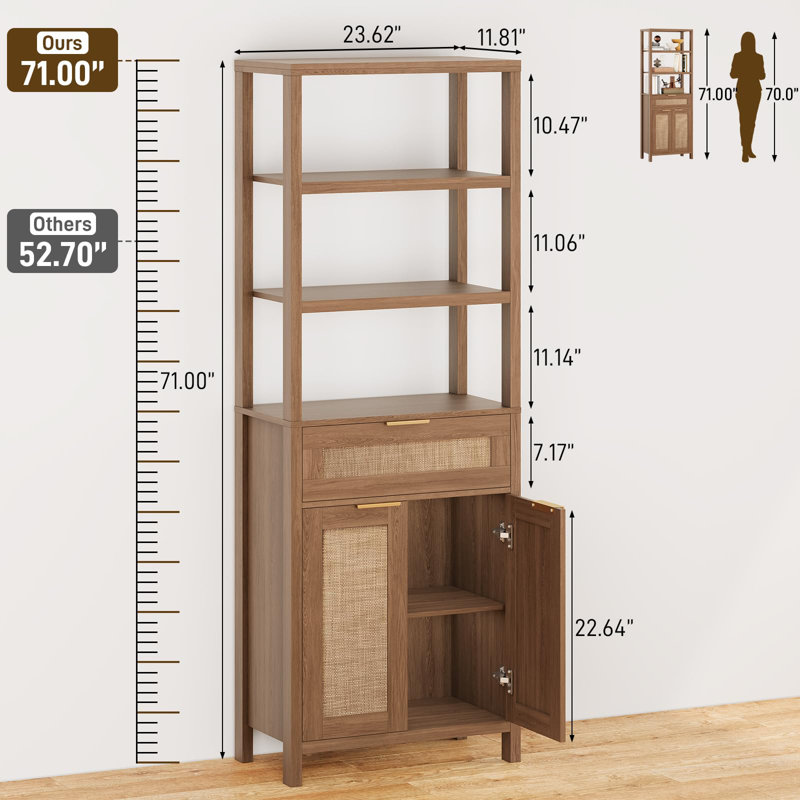 71" Rattan Bookshelf With Drawer And Doors