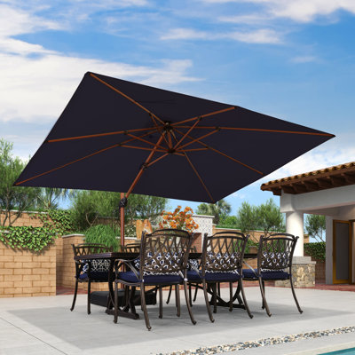 Mace 106.20'' x 143.70'' Rectangular Wood Pattern Cantilever Umbrella With Base,Beige