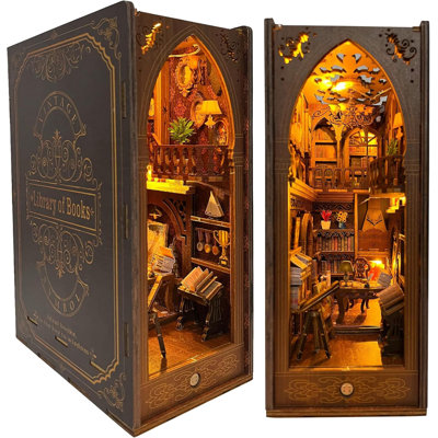 Book Nook Miniature Kit For Bookshelf Doll Houses For Adults Teen Halloween, 3D Wooden Puzzle Bookends With Sensor Led Light