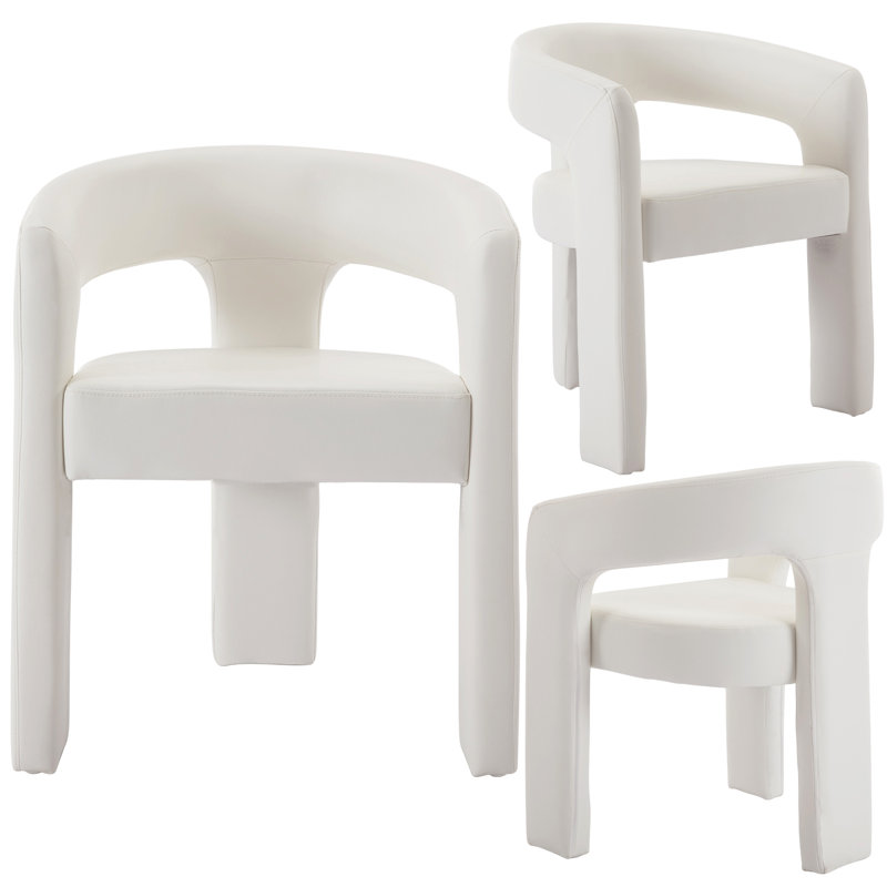Upholstered Faux Leather Dining Arm Chairs Solid Back Barrel Dining Chairs Set of 2/3/4, 3, White