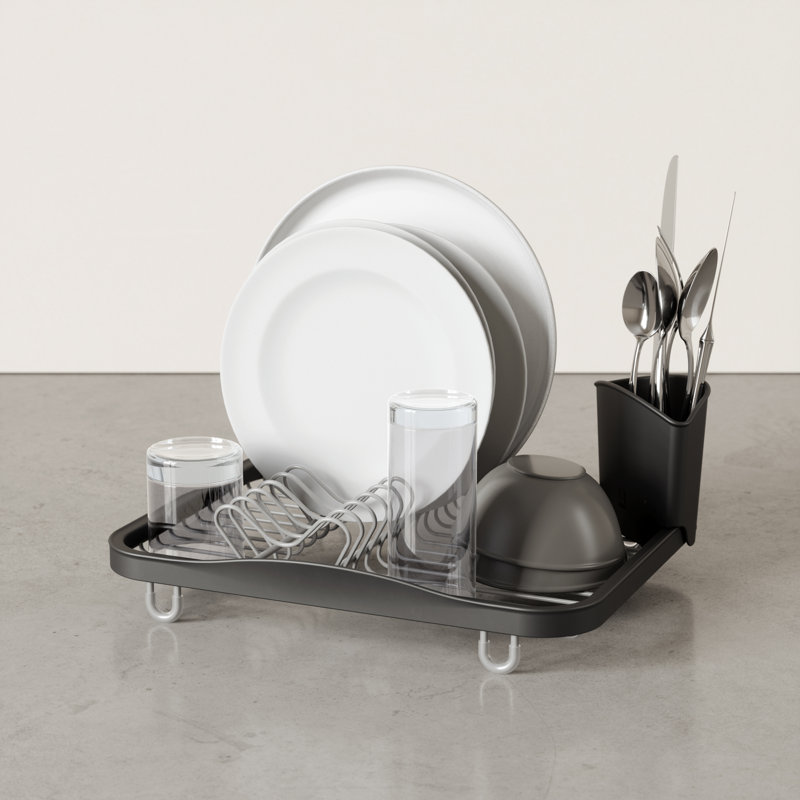 Black and Silver Metal Dish Rack with Utensil Cup