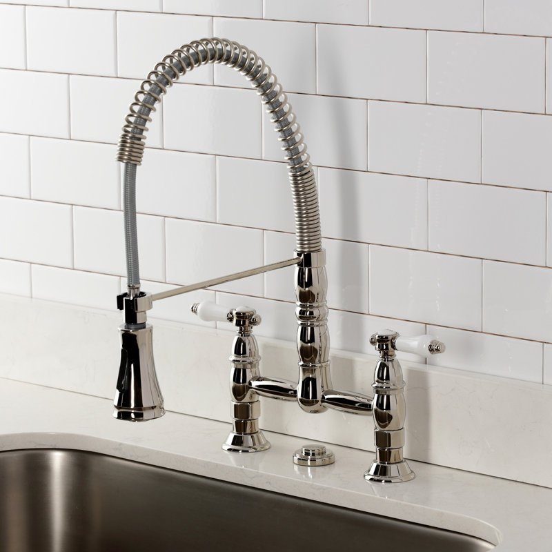 Kingston Brass Bel-Air Double-Handle 2-Hole Deck-Mount Pre-Rinse Bridge Kitchen Faucet, Polished Nickel