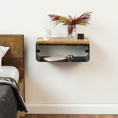Nariya Floating Bedside Table, Solid Wood Top & Metal Frame, Wall Mounted Nightstand