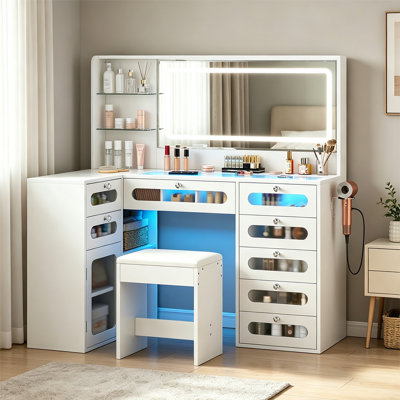 White Makeup Vanity Furniture - Full-Length LED Lighted Mirror, Charging Station, Cabinets, 8 Drawers, Glass Top, Fancy Vanity with Light Bar Bedroom (with Padded Stool)