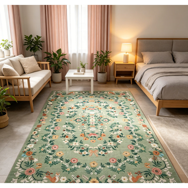 Tapis rétro taupe lavable pour l'intérieur, Green, Runner 2' x 6'