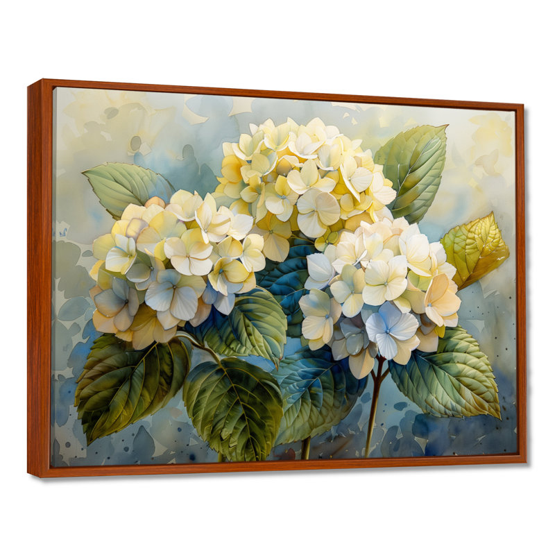 Impression d'art mural jaune et bleu «Garden of Life» - Hortensia, Cadre flottant brun, H 30 po x l 40 po