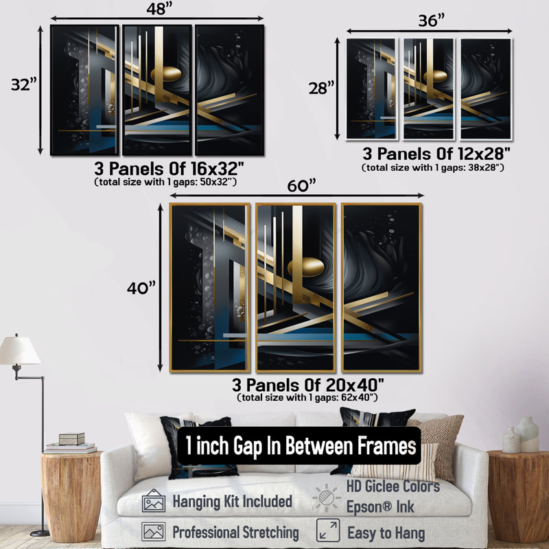Minimal Tech Blue Gold Core - ensemble d'art mural géométrique, Cadre flottant brun, H 40 po x l 60 po x P 1 po