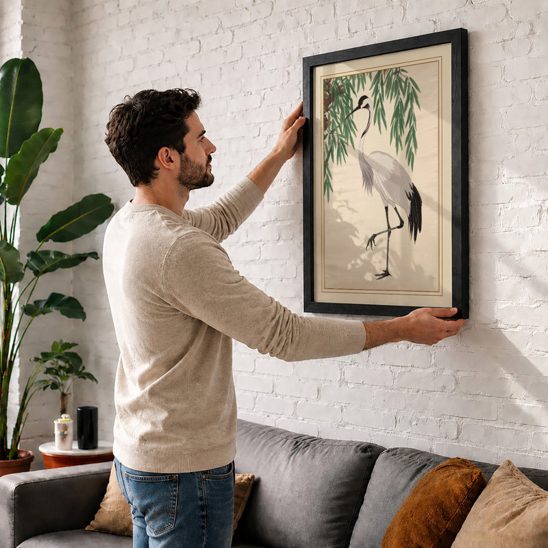 Crane Under Willow Japandi - Framed Print, Unframed, A2 - 59.4 x 42.0 cm