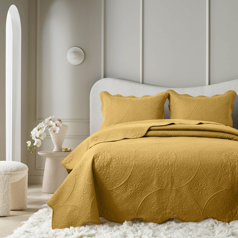 Elegant Floral Embossed Bedspread Set With Pillow Shams – Lightweight Quilted Bedding, Machine Washable, Ochre