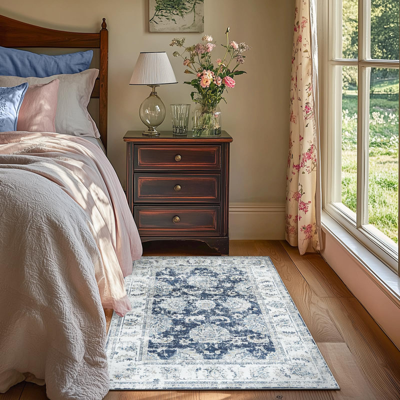 Floral Rug Vintage Botanical Print Distressed Dark Blue, Distressed Dark Blue, Rectangle 3' x 5'