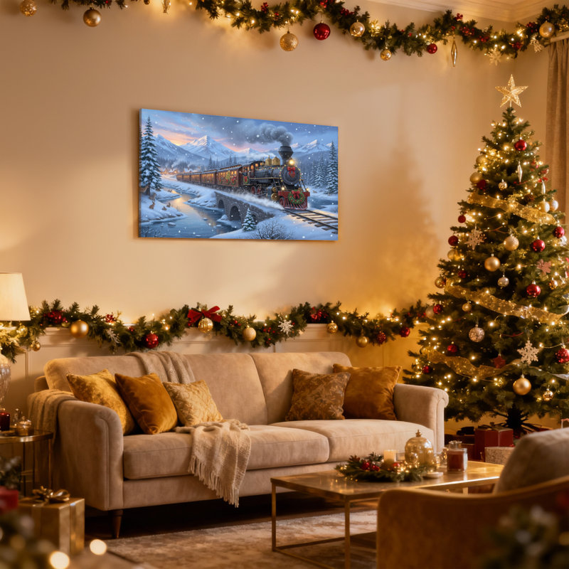 Tableau sur toile représentant un train de Noël et un paysage de montagne enneigée, H 16 po x l 24 po