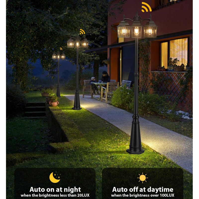 3-Head Outdoor Lamp Post Light With Dusk-To-Dawn Sensor, Waterproof Die-Cast Aluminum