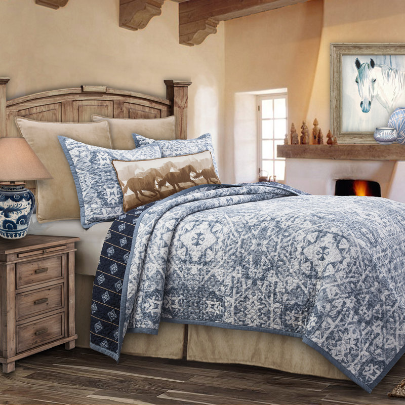 Skyler Blue Cotton Twin Reversible Quilt Set