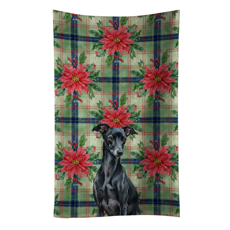 Black Italian Greyhound Christmas PoinsettIas Kitchen Towel, Black Italian Greyhound