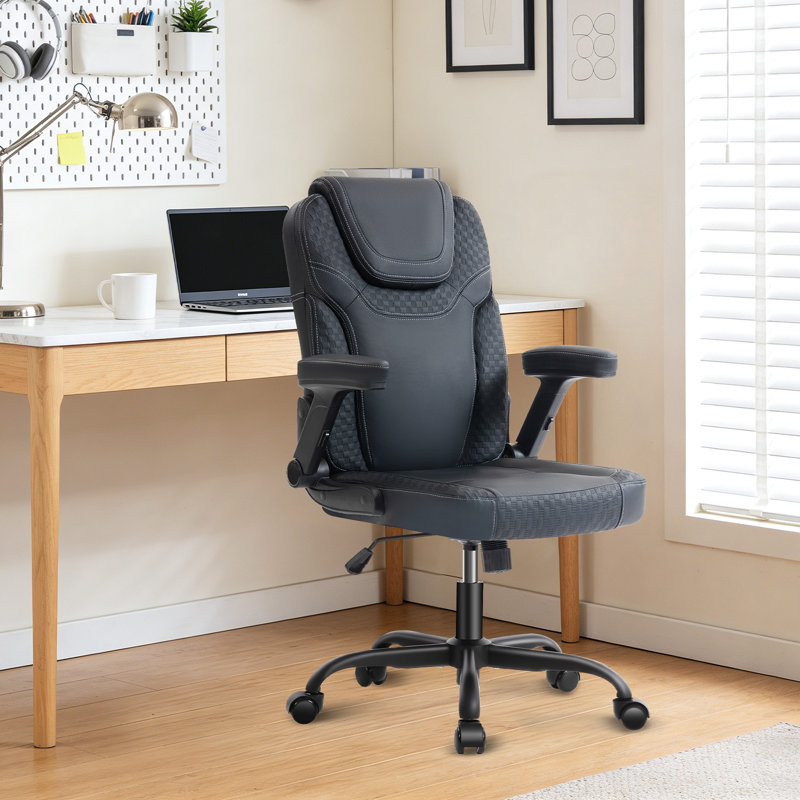 Black Office Chair Ergonomic Desk Chair with Lumbar Support, Flip-Up Arms, Adjustable Swivel Computer Chair with Wheels, PU Leather Executive Task Chair for Home Office Small Space