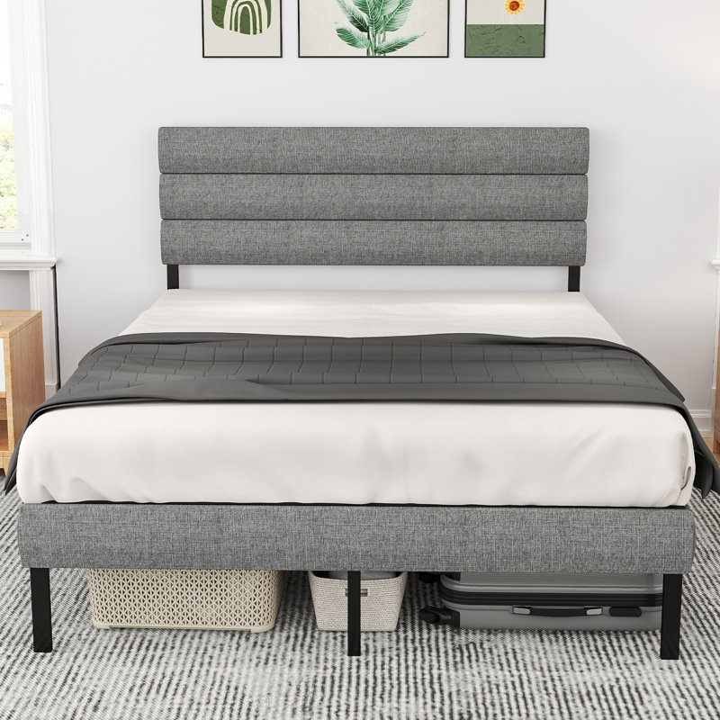 Metal Platform Bed Frame With Linen Upholstered Headboard, Full / Double