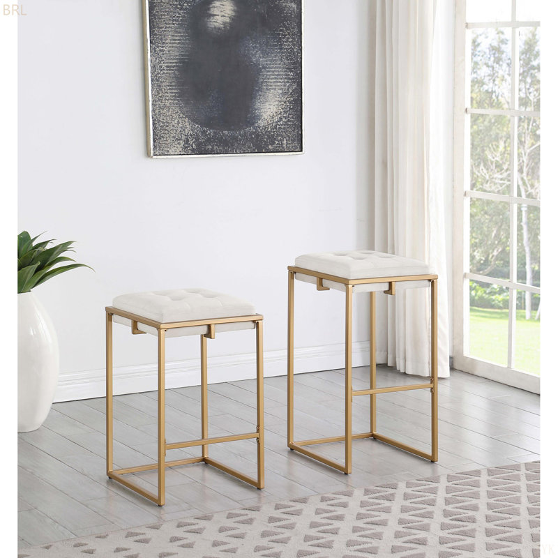 Ensemble de 2 tabourets à coussin capitonné beige et doré Soccoro