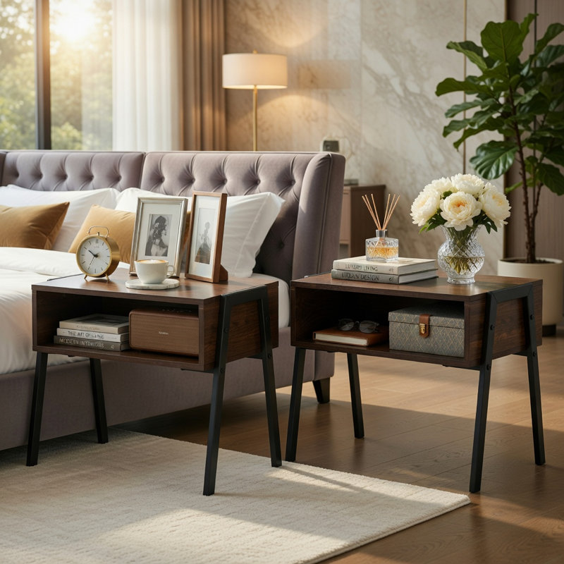 Ensemble de table de chevet empilable 2 pièces, tables de chevet en acier et en bois d'ingénierie avec tablettes ouvertes, tables de bout de style rétro pour chambre à coucher, salon ou bureau, brun