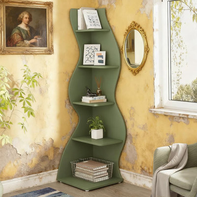 Bibliothèque murale d'angle à 5 niveaux avec rangement robuste pour les livres et la décoration dans des espaces compacts.