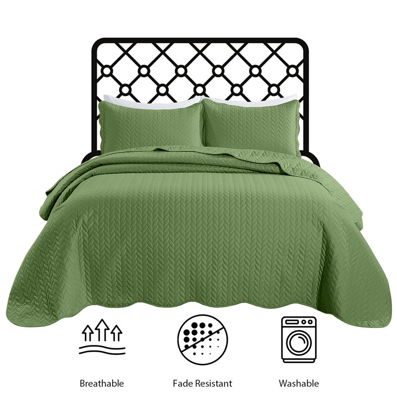 Embossed Microfiber Bedspread Set – All Seasoned Modern and Lightweight Bedding Set with Shams, Olive Green