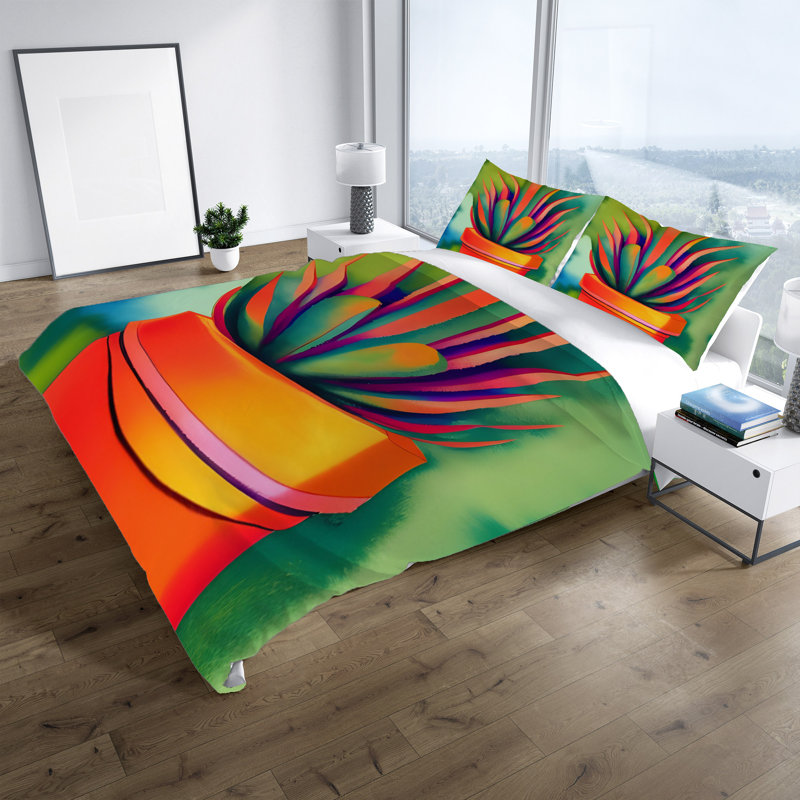 Ensemble de housse de couette en microfibre vert / orange, Housse de couette pour très grand lit et 2 très
