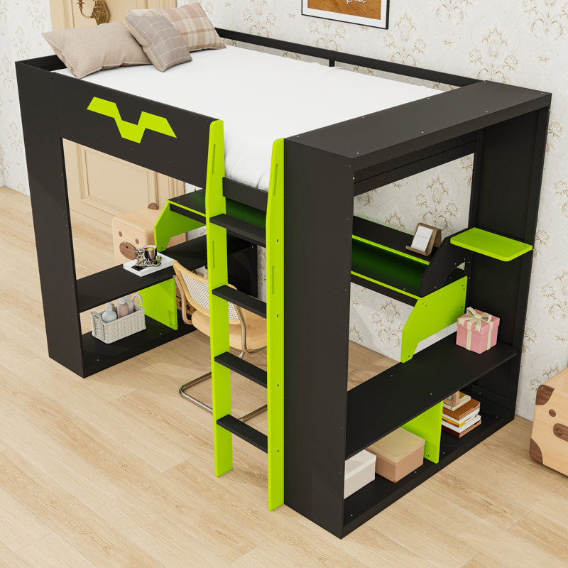Lit mezzanine avec lumières RVB, ports USB / Type-C, bureau et rangement à plusieurs niveaux, Vert