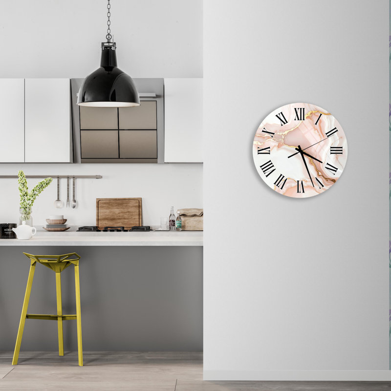 Horloge murale en verre trempé rose marbré, horloge décorative dorée, art abstrait, horloge murale, horloge murale de style moderne