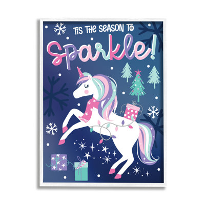 «Season To Sparkle», licorne de Noël fantaisiste, flocons de neige noirs, art numérique par estampe numérique par Angela Nickeas