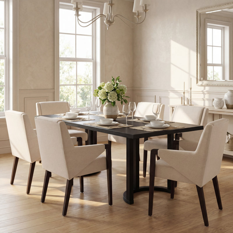 Harlan 6-Person Rubberwood Dining Table Set With Upholstered Chairs, Linen/Dark Walnut, Black