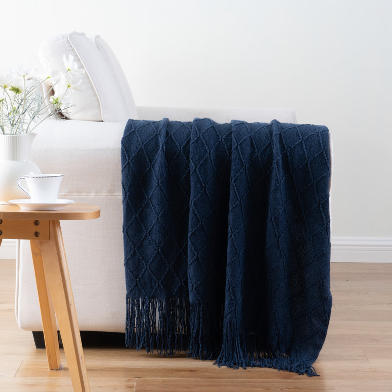  Couverture tricotée à motif de losanges, jeté de style bohème avec pampilles pour la maison, le canapé, le lit et le salon
