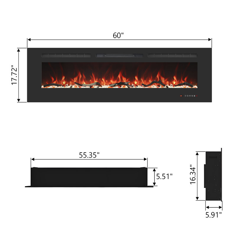 Recessed and Wall-mounted Electric Fireplace Inserts With 13 Flame and Fuel bed Colours, 750/1500W, Timer
