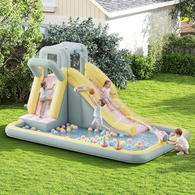 Inflatable Bounce House, Water Slide With Jumping Area, Climbing Wall, Splash Pool And Water Gun, Indoor Outdoor Jumper For Small Children, Air Blower Included, Pastel Colour, 154x106x75 Inch