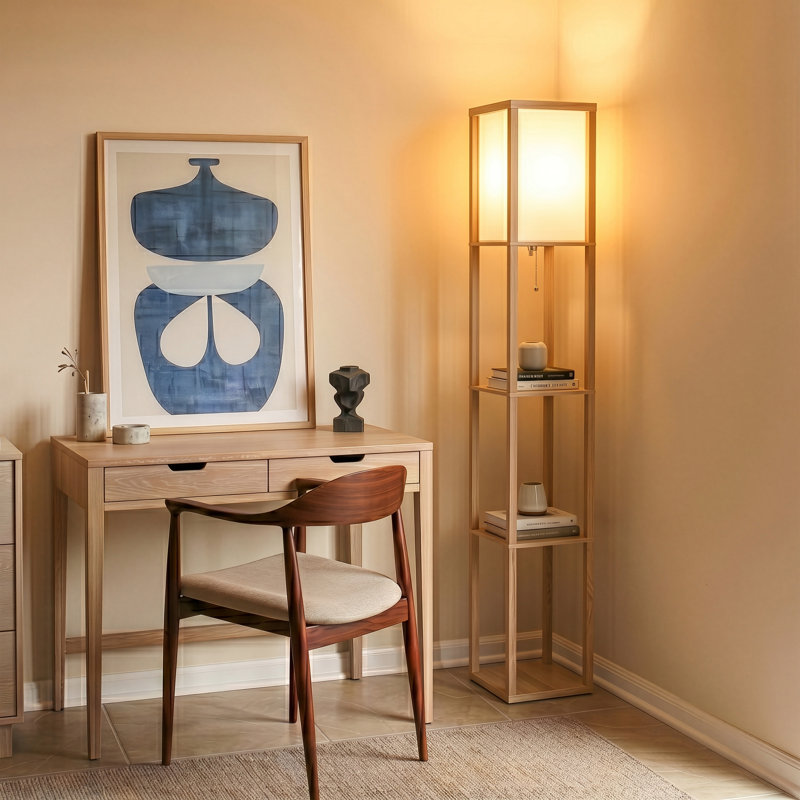 Lampe sur pied DEL à 3 tablettes avec abat-jour carré en tissu Maxwell 63 po., Beige, Bois