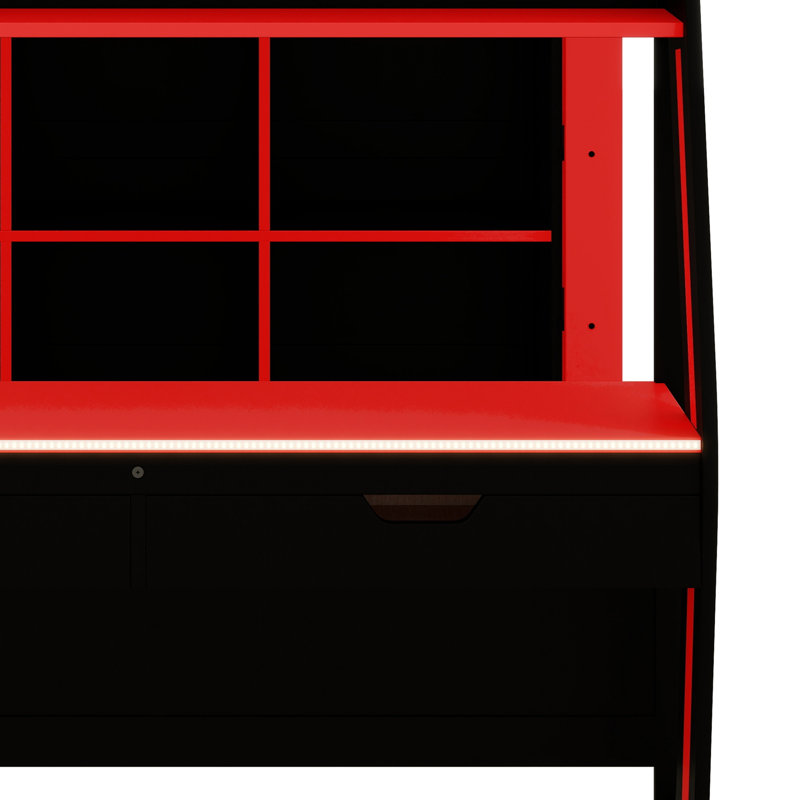 Gaming Loft Bed Frame, Desk Included, RGB Lighting, USB Ports, 6 Cubbies, 6 Drawers, Black+Red