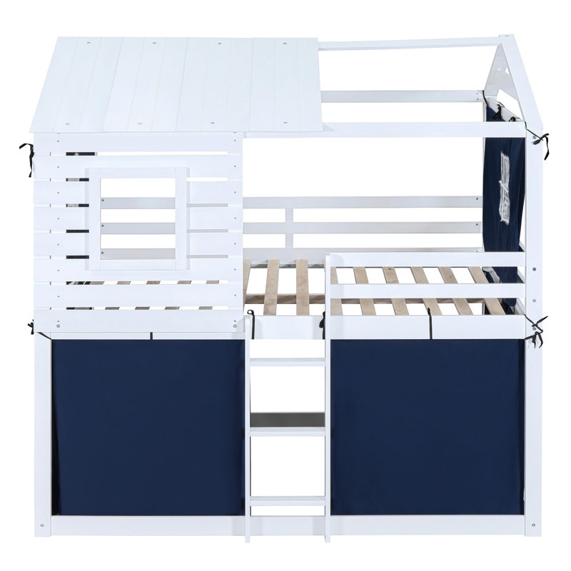 Lit superposé en bois avec tente, Bleu, Full