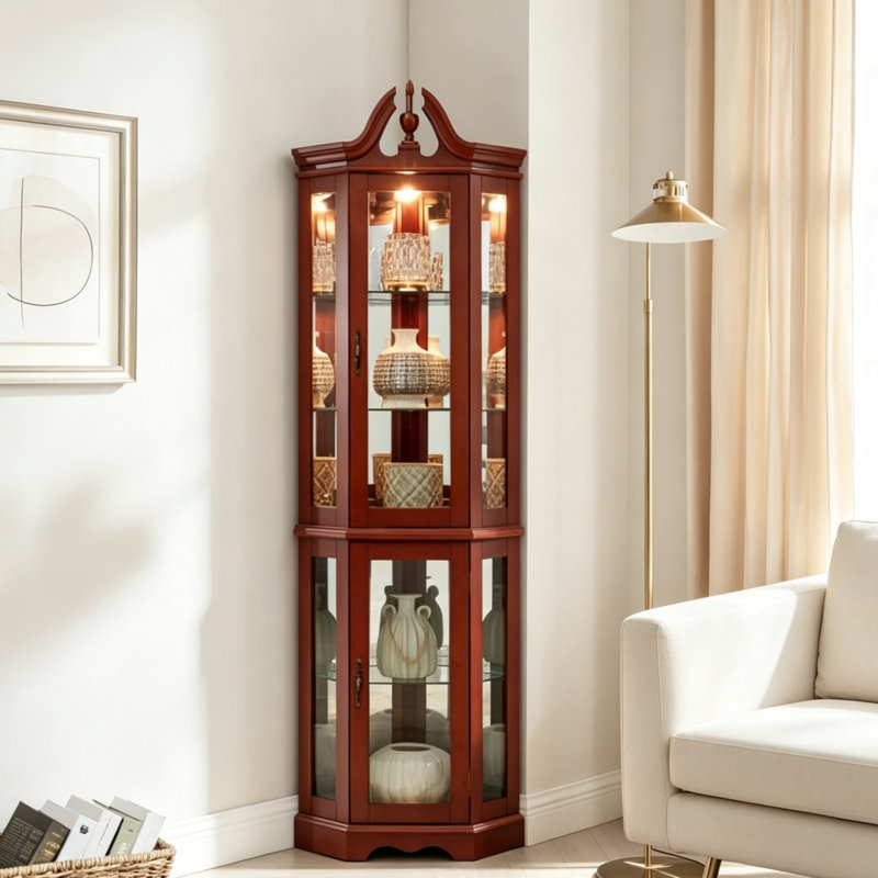 Solid Wood  Corner Curio Cabinet With Adjustable Glass Shelves & Mirrored Back, Traditional Display Storage For Living Room & Bedroom