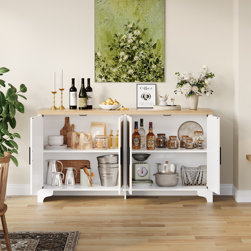 Buffet 62,5 x 15,75 x 31,50 po en bois d'ingénierie en rotin avec porte magnétique à 4 compartiments et console de télévision