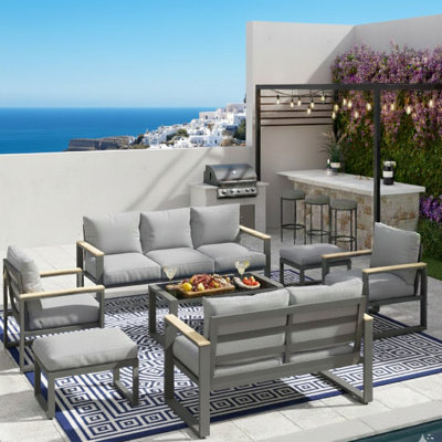 All-Weather 7-Piece Aluminum Patio Furniture Set, 9-Seat Conversation Sofa With 10 Inches Extra Thick Gray Back Cushions, Glass Table And Ottoman