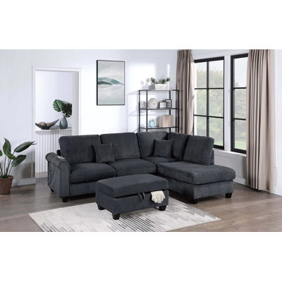 Tuscania Black Corduroy Sectional Sofa With Raf Chaise & Storage Ottoman