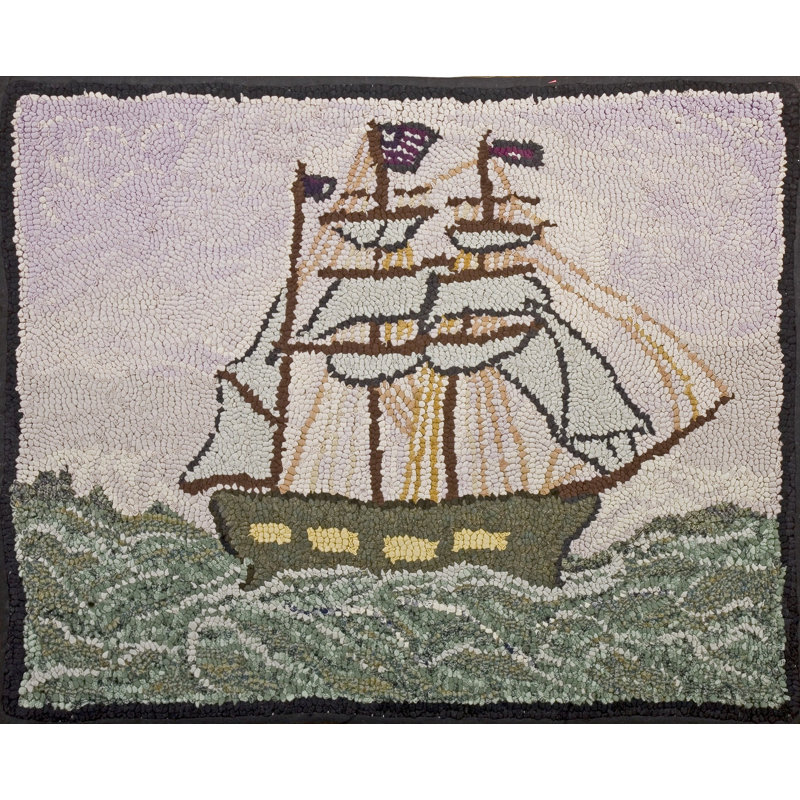 Antique Maritime Nautical Sail Boat Pattern American Folk Art Hooked Rug