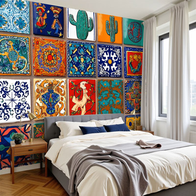 Peel and Stick Wallpaper 96" W x 69" H Modern Self Adhesive Wall Mural for Bedroom Mexican ceramic tile Multicolored bright colorful