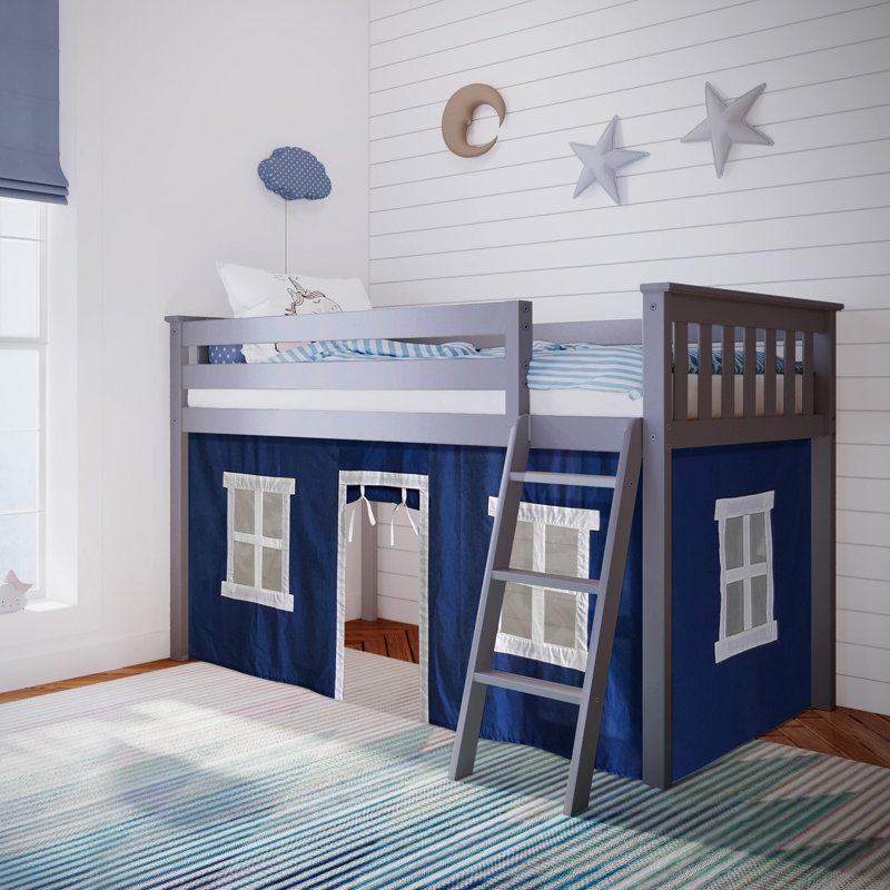 Lit mezzanine simple en bois massif avec rideau Ethridge Kids, Bleu, Blanc