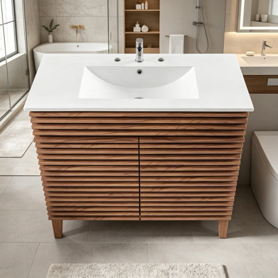 Meuble-lavabo moderne de 36 pouces de style Mid-Century avec lavabo en céramique et portes à fermeture en douceur, armoire de rangement sous l'évier pour salle de bain ou salle d'eau