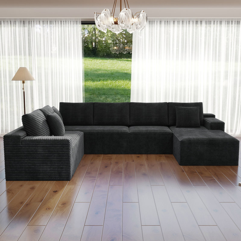 Canapé modulaire en forme de U de 132 po pour 5 personnes, canapé à compression, velours côtelé gris, faisant face à la gauche
