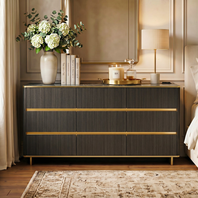 Commode moderne à 9 tiroirs de 160 cm de large avec éclairage RVB contrôlé par application et station de recharge intégrée