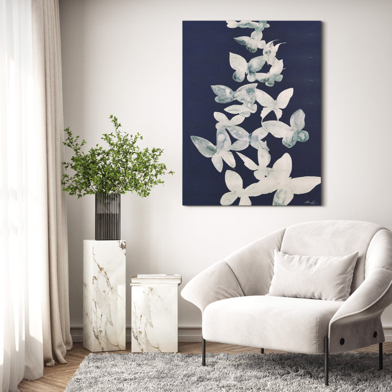 Ethereal Flight White Butterflies on Navy Canvas Wall Art